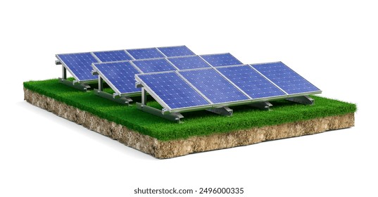 Solar panels on a grass platform with white background. 3D illustration - Powered by Shutterstock