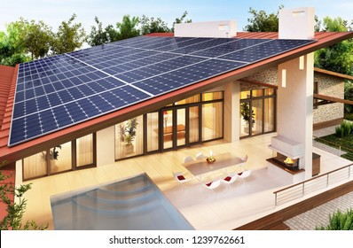 Solar Panels On The Roof Of The Big House. 3D Rendering.