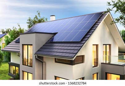 Solar panels on the roof of the modern house. 3D rendering