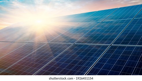 Solar panels at sunset - 3D illustration