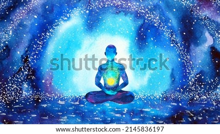 solar plexus yellow chakra human meditate mind mental health yoga spiritual healing meditation peace watercolor painting illustration design abstract universe