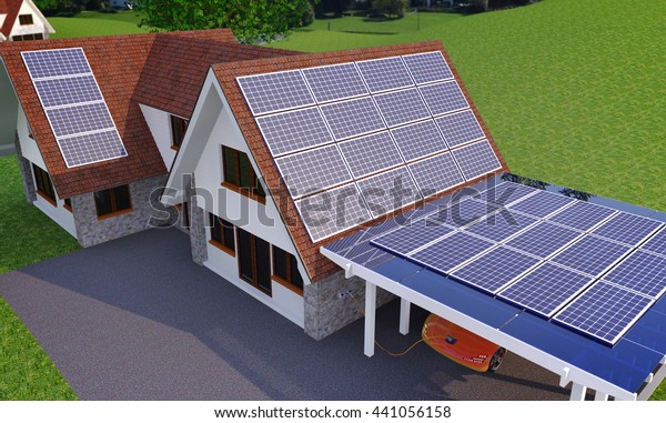 Solar\
Power House With Parking Place For Electric Car - 3d concept, Solar\
Panels On a Roof, Renewable Energy House,   House With Alternative\
Energy Sourses, Solar Panels House - 3D\
Rendering