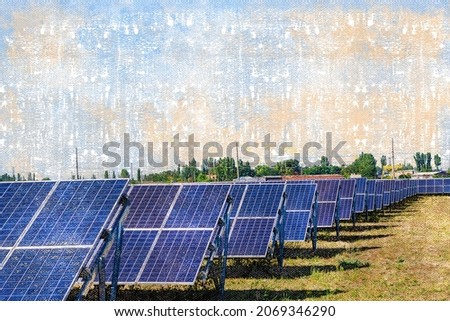 Solar power plant in the field. Rectangular solar panels for energy recycling. Digital watercolor painting. Modern art.