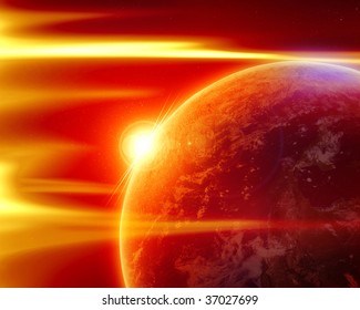 Solar Storm On A Bright Red Background