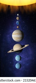 Solar System Planet Space, Sun Mercury Venus Earth Mars Jupiter Saturn Uranus Neptune Planet Cosmos. Map Of Solar System 8 Planets. 3d Render