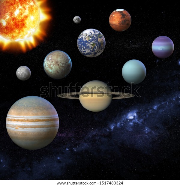 太陽系惑星 太陽 星 太陽 水星 金星 地球 火星 木星 土星 天王星 海王星 月 天の川 3dイラスト このイメージの一部のエレメントをレンダリングするテクスチャ のイラスト素材
