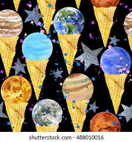 Solar System Planets Seamless Pattern. Watercolor Illustration.