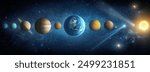 Solar system- Sun, Mercury, Venus, planet Earth, Mars, Jupiter, Saturn, Uranus, Neptune.. Space panorama of the universe. Elements of this image furnished by NASA