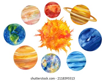 Solar System, Watercolor Planets, Isolated White Background, Hand Drawing Space Illustration