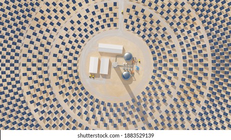 Solar Thermal Energy Plant With A Circular Array Of Collectors. Clean Energy, Modern Technology Concept. Digital 3D Render.