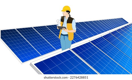 Solar thermal panel engineer wearing hard hat checking and inspecting Solar power plant maintenance, installation, and efficiency. Smart grid ecology energy sunlight alternative power factory concept. - Powered by Shutterstock