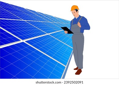 Solar thermal panel engineer wearing hard hat checking with tablet Solar power plant maintenance, installation, and efficiency. Smart grid ecology energy sunlight alternative power factory concept. - Powered by Shutterstock