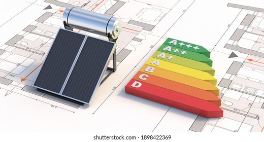 Solar Water Heating System And Energy Efficiency Chart On Project Blueprint Background. Renewable Energy Design And Construction Concept. 3d Illustration