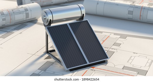 Solar Water Heating System On Project Blueprint Background. Renewable Energy Source Design And Construction Concept. 3d Illustration