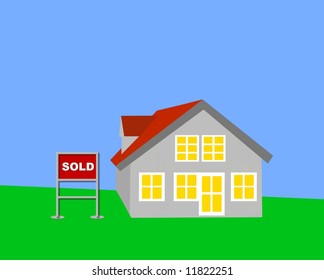 Sold Rider Insert On A Real Estate Sign In Front Of A House For Sale