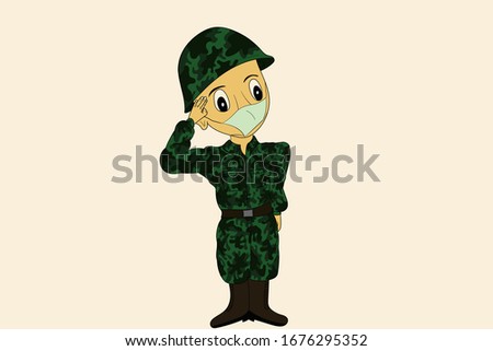 The soldier at the exercise greets the elders with a mask over his face to protect himself from the virus corona