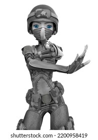 Soldier Girl Cartoon Girl In Action With Pistol Finger, 3d Illustration