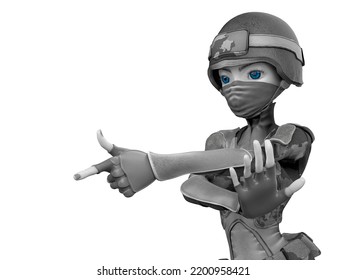 Soldier Girl Cartoon Girl In Action With Pistol Finger Side View, 3d Illustration