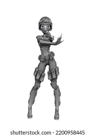 Soldier Girl Cartoon Girl In Action With Pistol Finger Full View, 3d Illustration