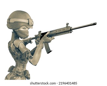 Soldier Girl Cartoon Girl Is Holding A Rifle, 3d Illustration