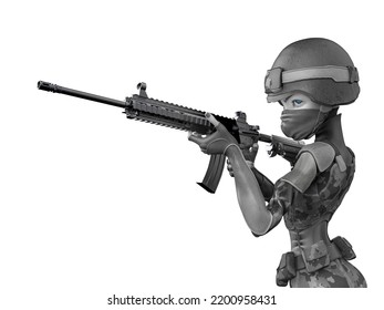 Soldier Girl Cartoon Girl Is Holding A Rifle, 3d Illustration