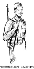 Soldier On Duty. Ink Black And White Drawing