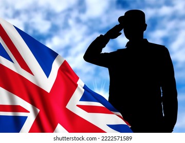 Soldier saluting on a background of sky and Great Britain flag. Poppy Day, Remembrance Day. Great Britain celebration. 3d-image, 3d-rendering - Powered by Shutterstock