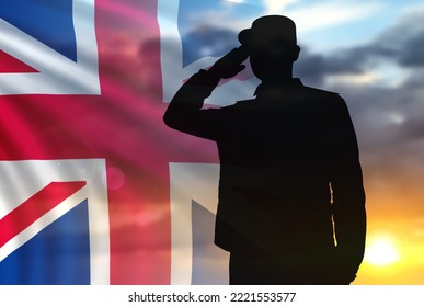 Soldier saluting on a background of sunset and Great Britain flag. Poppy Day, Remembrance Day. Great Britain celebration. 3d-image - Powered by Shutterstock