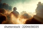 A soldier in silhouette in peaceful clouds. Remembrance, afterlife concept. 3D rendered image