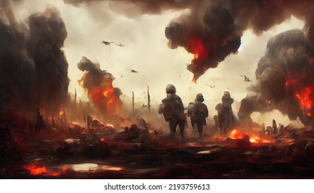 Soldiers After The War In Battlefield. Digital Art Illustration Painting 