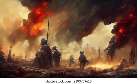 Soldiers After The War In Battlefield. Digital Art Illustration Painting 