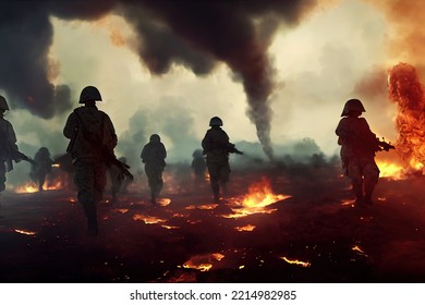 Soldiers on battlefield, fire and smoke clouds in background