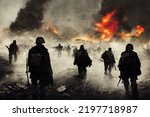 Soldiers on a battlefield. Military war with burning flames and explosion. Troops charging. Digital painting. Burning tanks with black smoke. Desolated war zone. Uniform army world war illustration 