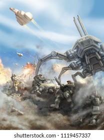 Soldiers repel the attack of the giant spider robot. Science fiction genre.