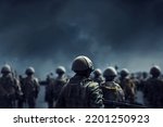 Soldiers walking on the battlefield. Illustration of the army on the move. Post apocalyptic, post war image. Sad dramatic scenery. Soldier, footman infantry walking.