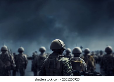Soldiers walking on the battlefield. Illustration of the army on the move. Post apocalyptic, post war image. Sad dramatic scenery. Soldier, footman infantry walking.