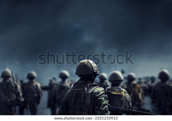 Soldiers walking on the\
battlefield. Illustration of the army on the move. Post\
apocalyptic, post war image. Sad dramatic scenery. Soldier, footman\
infantry\
walking.