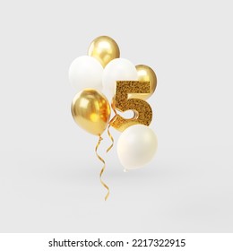 Solemn illustration with balloons and number five. Template with golden inflatable balloons for postcard background. 3d rendering. - Powered by Shutterstock