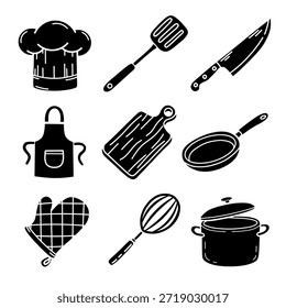 Solid Black Kitchen and Cooking Glyph Icon Set. Minimalist silhouette vector collection of chef tools and cookware.