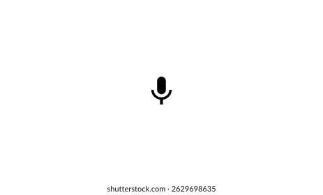 A solid black microphone icon is centrally located on a white background.  The microphone is stylized, showing a capsule-shaped top and a simple stand.