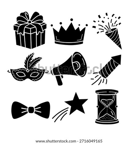Solid Black New Year Party Accessories Glyph Icon Set. Minimalist silhouette vector collection of mask, crown, and gift symbols.