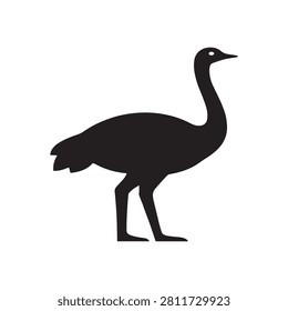 A solid black silhouette of an ostrich or emu in profile, facing right. The figure a long neck, rounded body, and thin legs, set against a plain white background in a flat style.