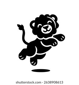 A solid black vector icon of a playful lion cub leaping mid-air with joyful posture and curved tail. Designed in cartoon style with clean lines. Transparent background, no text or logos.