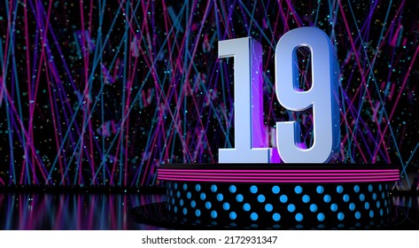 Solid number 19 reflective on a round stage with blue and magenta lights with a defocused background of laser lights and white sparks of celebration and space for text. 3D Illustration