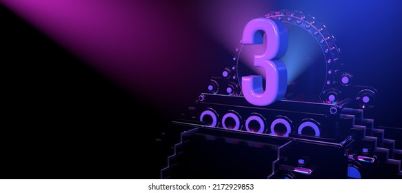 Solid number 3 on a black reflective stage with stairs and adorned with circles, illuminated with blue and red lights against a black background. With copy space. 3D Illustration
