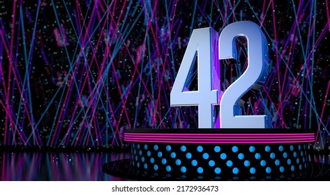 Solid number 42 reflective on a round stage with blue and magenta lights with a defocused background of laser lights and white sparks of celebration and space for text. 3D Illustration