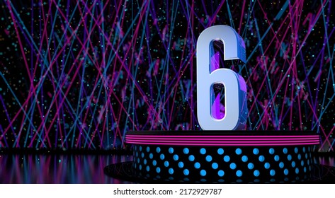Solid number 6 reflective on a round stage with blue and magenta lights with a defocused background of laser lights and white sparks of celebration and space for text. 3D Illustration