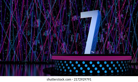 Solid number 7 reflective on a round stage with blue and magenta lights with a defocused background of laser lights and white sparks of celebration and space for text. 3D Illustration