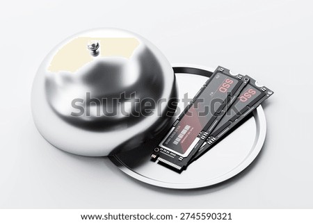 Solid state drives served on a silver tray with a cloche in a minimal 3D rendering concept on a white background symbolizing data storage as a service