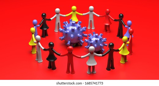 Solidarity For  Covid 19 Concept. Colorful Human Figures Holding Hands In Circle Round Coronavirus On Red Background. Stop Racism, Global Community Cooperation. 3d Illustration